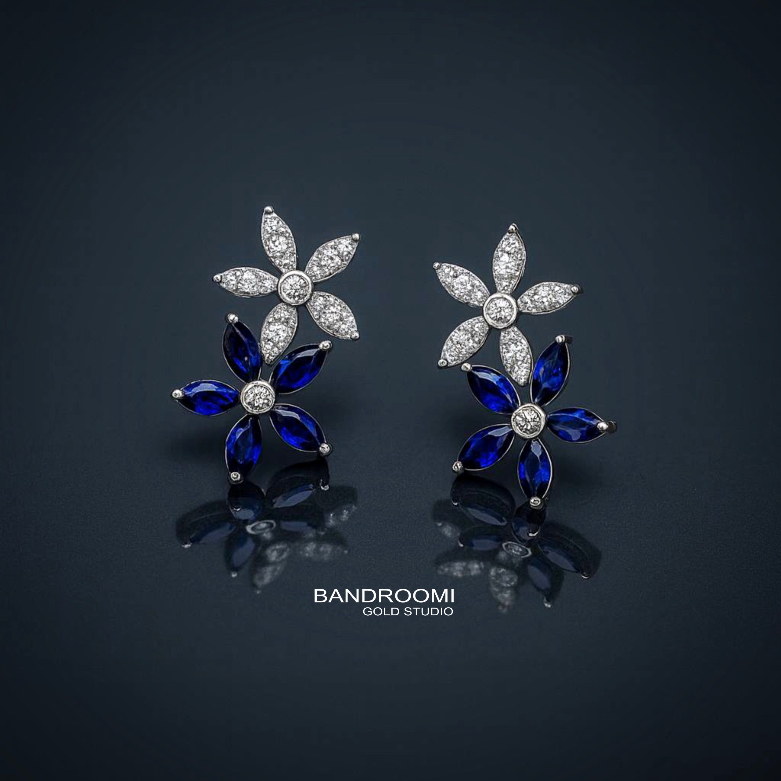 2 گوشواره گل یاقوت کبود و برلیان - تصویر 1